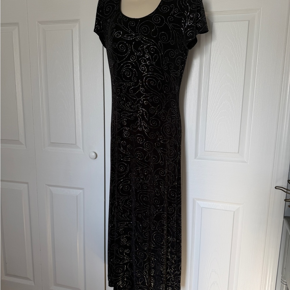 Vintage Jessica Howard Black Metallic Swirl Maxi Dress Made in USA